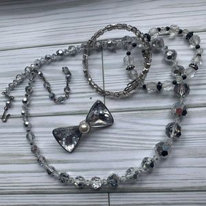 Mid Century 3 Piece Faceted Glass Crystal Jewelry Lot - Necklace Bracelet & Pin